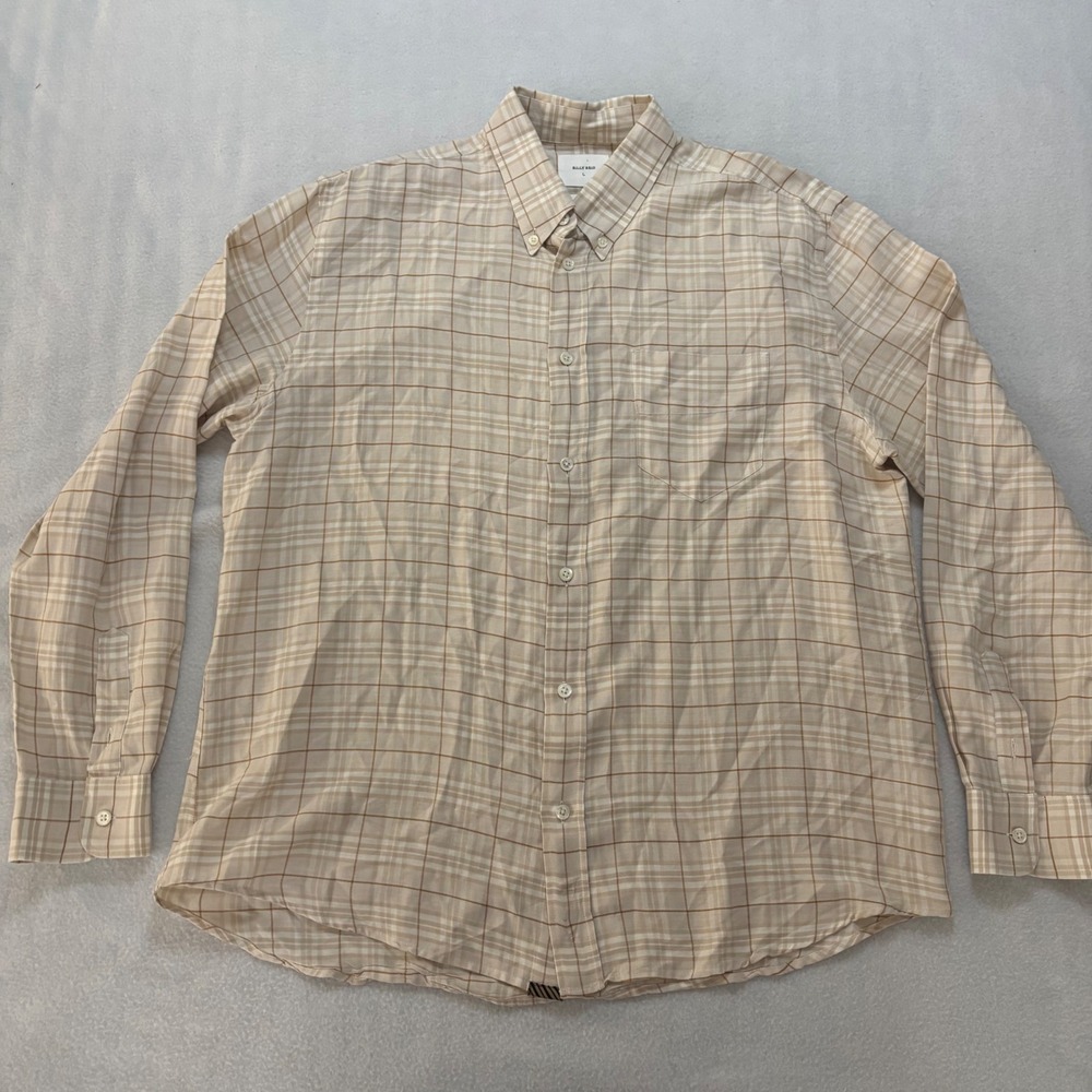 Billy Reid Mens Standard Fit Plaid Cotton Button Down Shirt Tan Cream Large